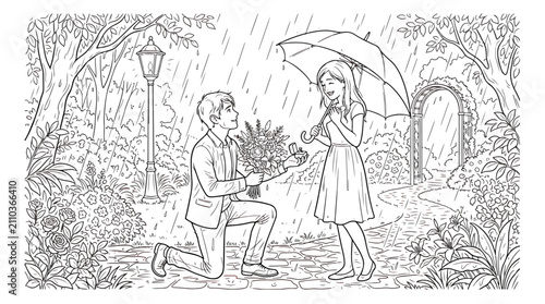 Cuadro en lienzo Romantic marriage proposal coloring page, man proposing to woman in rain with fl