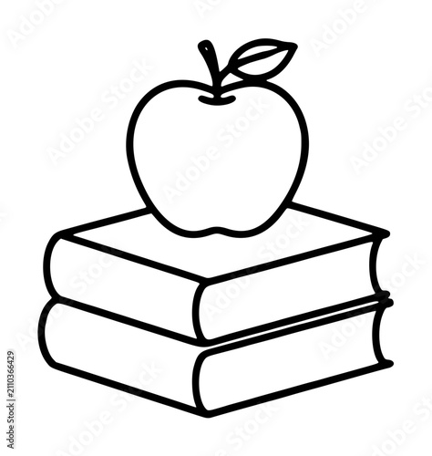 Hand-drawn vector illustration of a red apple resting on a stack of two books, minimalist black outline icon representing education, school, learning, and knowledge concepts.