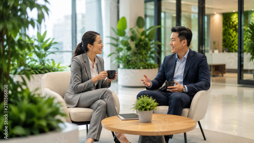 Two business executives discussing company alignment over coffee in a bright modern lobby