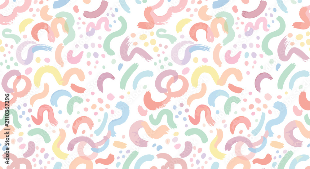 Fototapeta premium Colorful Pastel Abstract Brush Stroke Seamless Pattern With Waves, Swirls And Dots On White Background