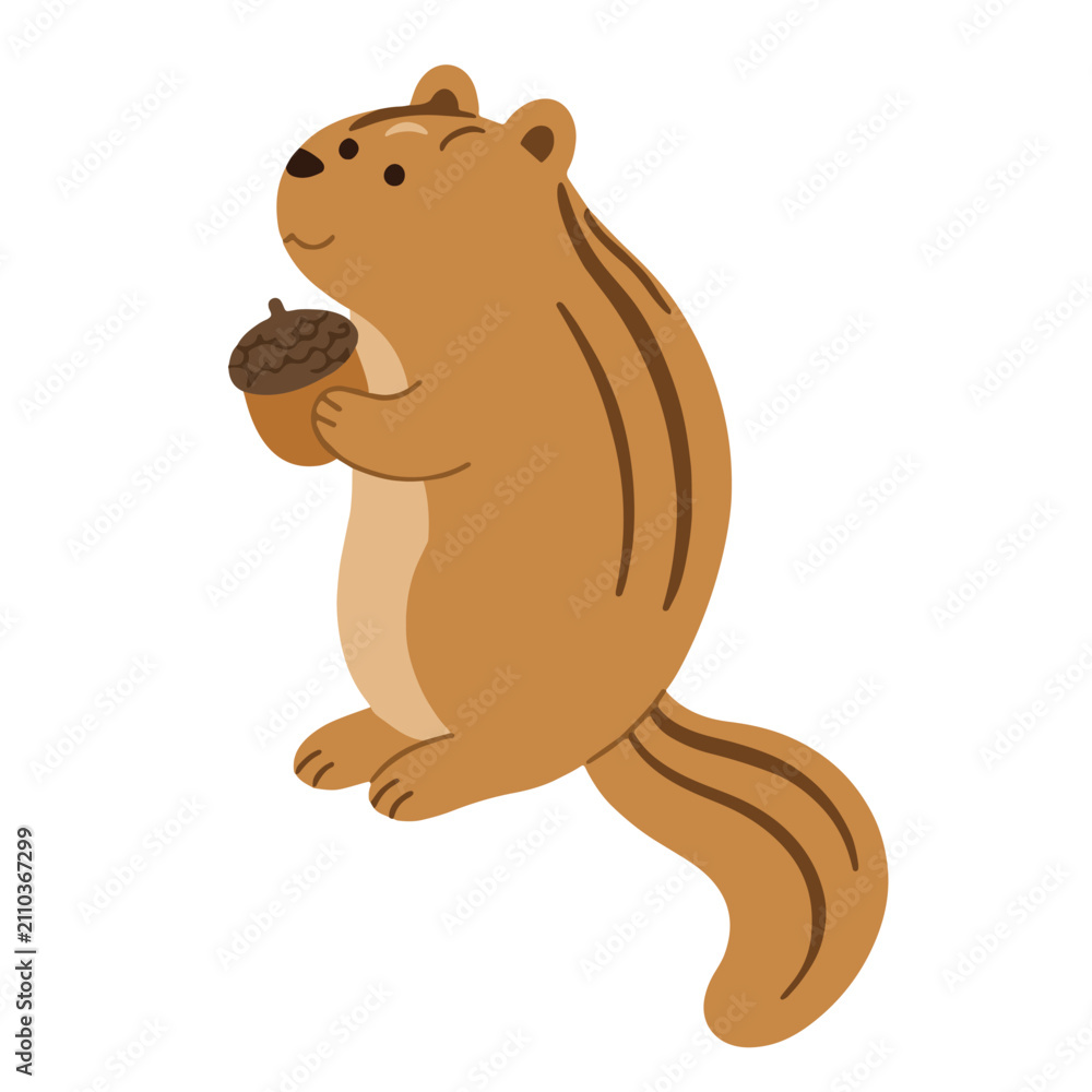 Obraz premium Cute cute chipmunk standing and holding acorn nut vector illustration, cute cartoon animal for autumn concept