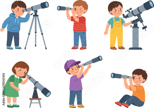 Children Exploring Science with Telescope Vector Set
