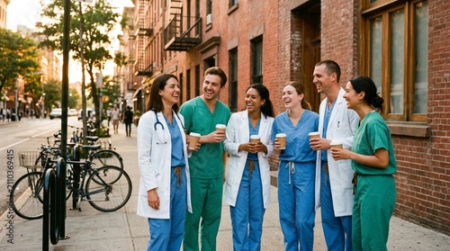 Diverse team of medical professionals in scrubs and white coats sharing a joyful laugh over coffee on a sunny urban street, enjoying a collegial break between healthcare rounds in downtown