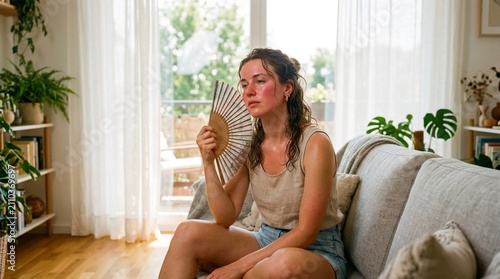 Serene Young Woman With Damp Hair Cooling Herself With Woven Bamboo Fan While Relaxing on Gray Sofa in Sunlit Modern Living Room With Indoor Plants and Minimalist Scandinavian Interior Design