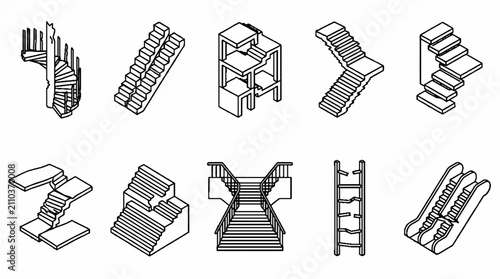 A collection of various isometric staircase and ladder designs in a clean line art style.
