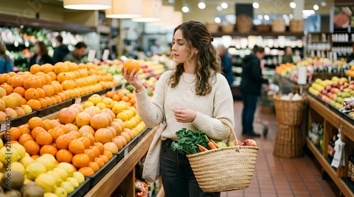 Young stylish woman in supermarket produce aisle carefully inspecting ripe orange fruit, holding woven basket with fresh vegetables, healthy organic lifestyle grocery shopping concept