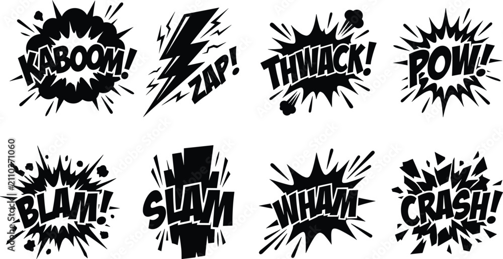 Foto Comic Sound Effect Speech Bubble Silhouette Vector Set Featuring Kaboom Zap Pow