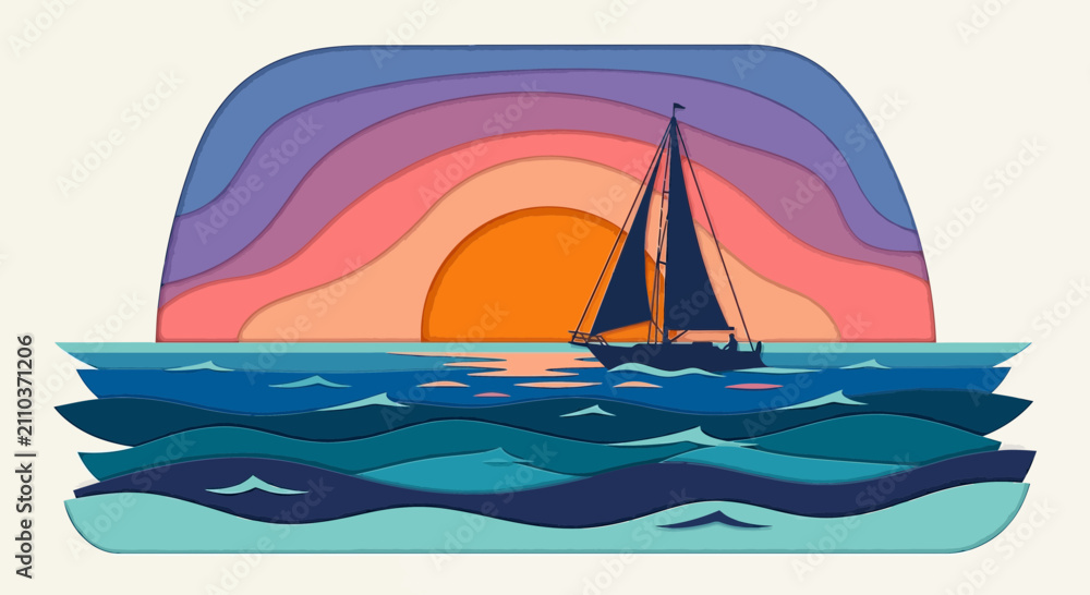 Naklejka premium Sailboat on ocean at sunset, colorful stylized illustration