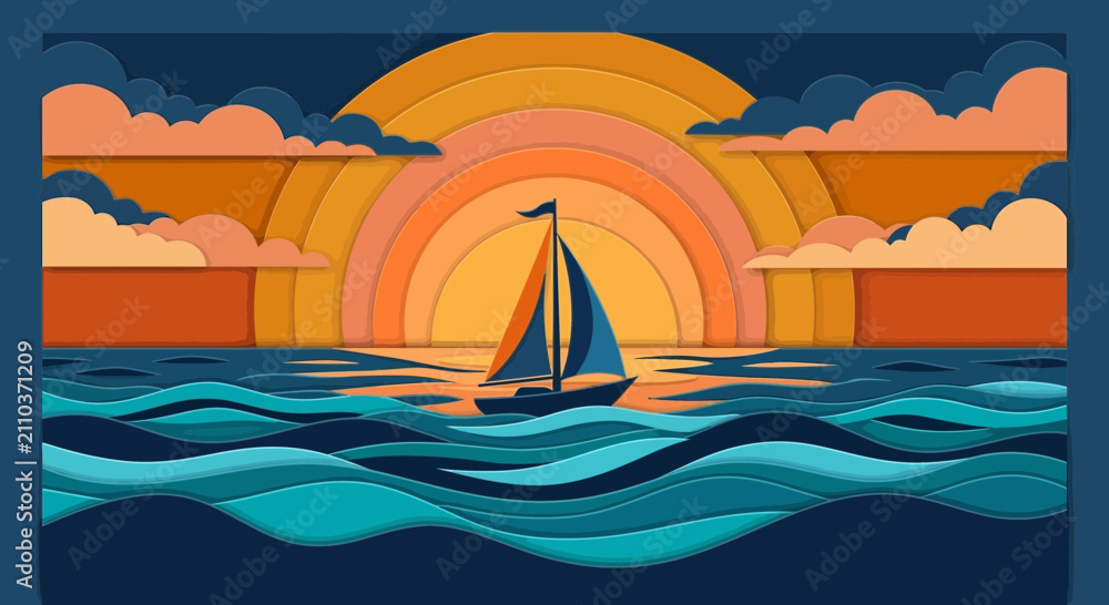 Naklejka premium Sailboat on wavy sea at sunset, stylized graphic art