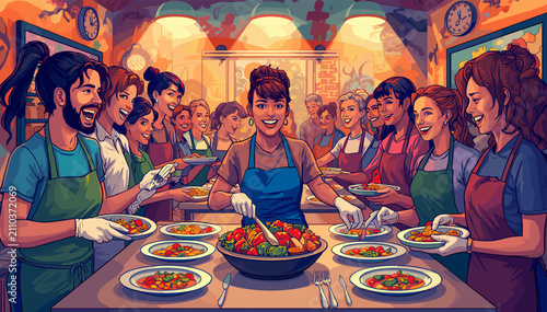 A diverse group of people joyfully preparing and serving a large salad in a vibrant, communal kitchen setting.