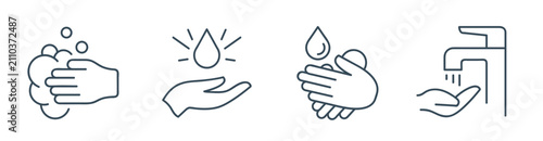 Hand hygiene outline icon set with soap and water symbols