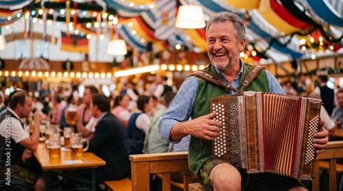 Happy man plays accordion at Oktoberfest festival with beer and crowds in traditional Bavarian attire