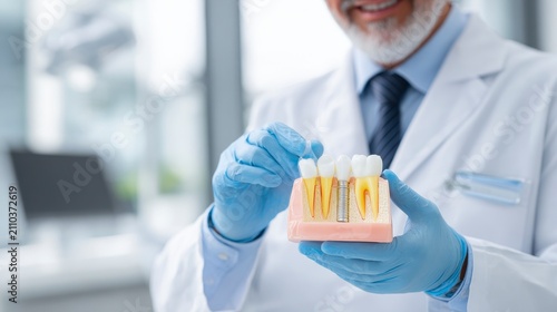 A dentist, wearing a lab coat and gloves, smiles while holding a model of teeth, showcasing an implant