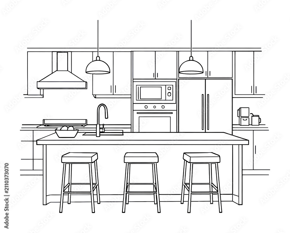 Fototapeta premium PNG Modern kitchen line art illustration.