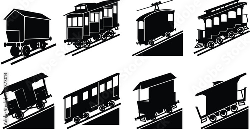 Foto Vintage Railway Car Silhouette Icons Set Featuring Historic Railcars, Tram Coach