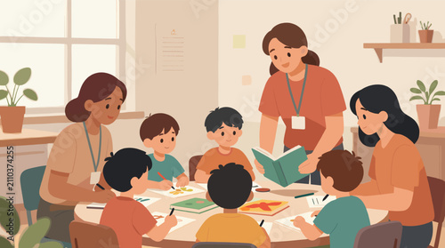 Group of young children learning and drawing with their teachers in a cheerful daycare setting.