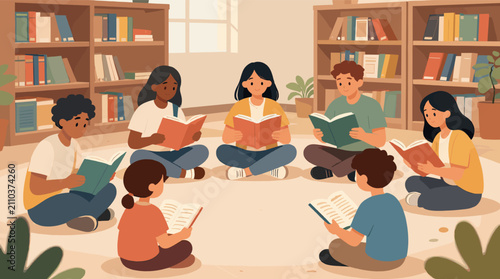 Photography A diverse group of children and young adults sitting in a circle on the floor, engrossed in reading books in a cozy library setting