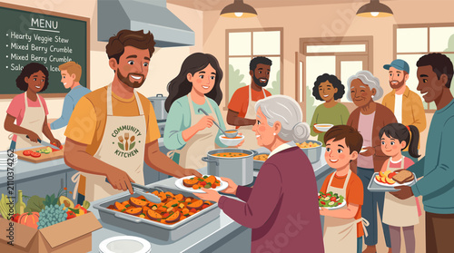 A diverse community gathers in a bustling kitchen, serving and enjoying a meal together, highlighting volunteerism and shared food.