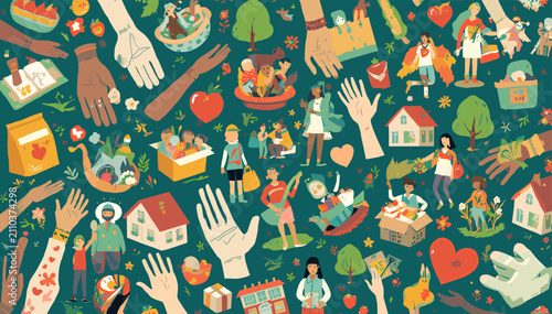 A detailed illustration depicting a vibrant pattern of diverse hands, community support, houses, people helping, and nature elements symbolizing charity, unity, and social well-being.