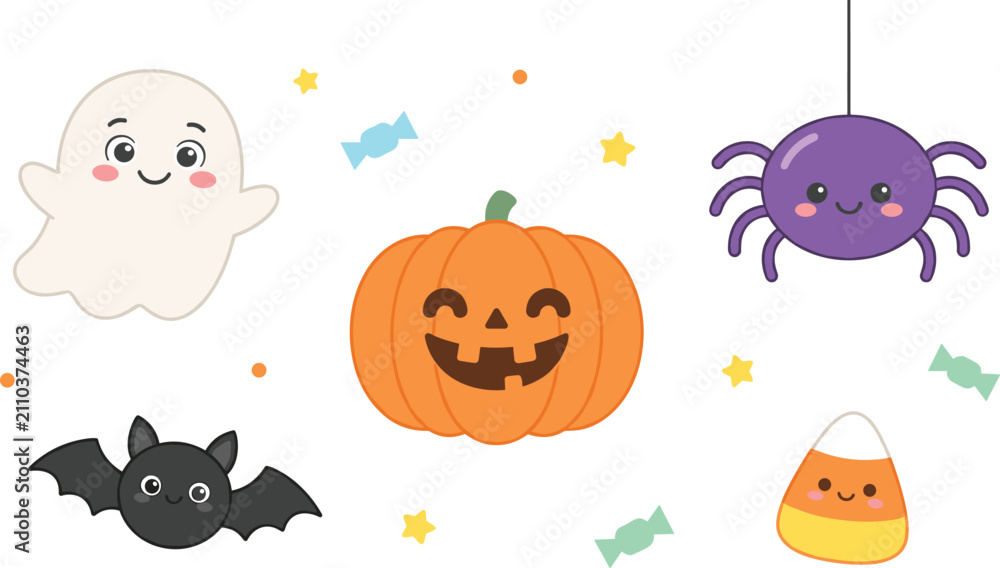 Fototapeta premium Cute Kawaii Halloween Character Collection with Ghost, Pumpkin, Spider, Bat, Candy Corn, and Sweet Spooky Cartoon Vector Clipart Set