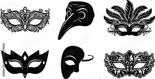 Elegant Venetian Carnival Mask Collection Featuring Lace, Feather, Plague Doctor, and Masquerade Face Masks in Decorative Black Vector Silhouette Style
