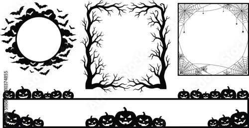 Halloween Frame Border Vector Collection with Bats, Haunted Tree Branches, Spider Web Corners, Pumpkin Borders, and Circular Decorative Templates