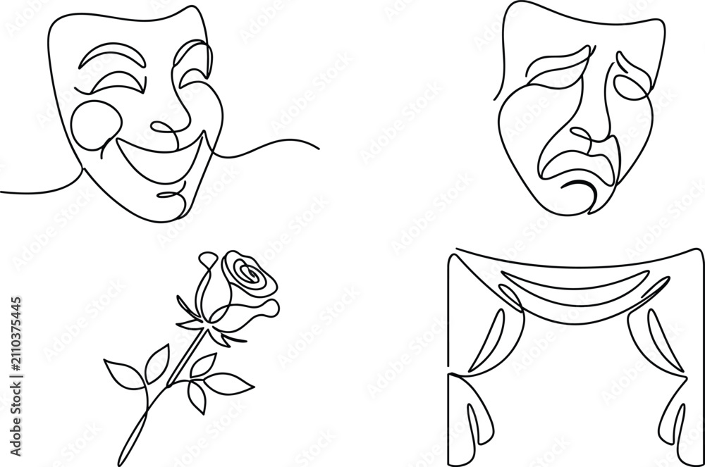 Obraz premium Minimal Continuous One Line Art Theater Elements Collection Featuring Comedy and Tragedy Masks, Rose Flower, and Stage Curtain Vector Illustration