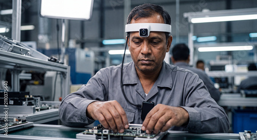 Factory Worker Using AI Smart Headset Camera For Circuit Board Assembly