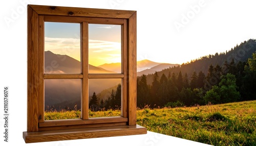A wooden window frames a scenic mountain vista at sunrise, with a vibrant sky and lush, green foreground