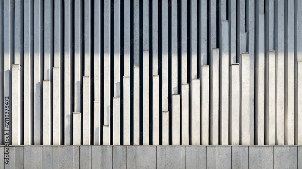 Fototapeta premium A geometric pattern is created with rows of vertical, rectangular elements of varying heights, casting shadows. It's a textured wall