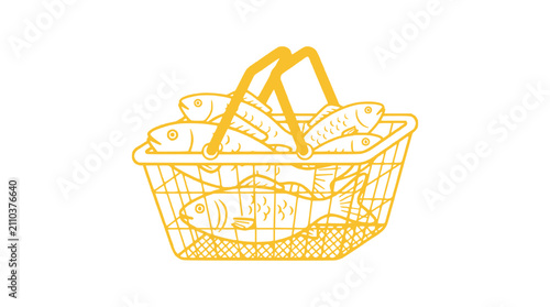 Canvastavla Shopping basket filled with fresh fish, healthy seafood groceries, yellow outlin