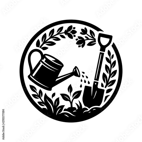 Gardening tools logo with watering can.
