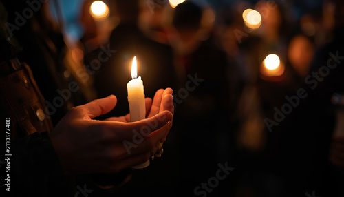 Close up hands cupping a glowing candle during a nighttime gathering with blurred background lights with person holding single lit candle cupped hands against dark