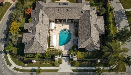 Aerial perspective overlooking modern residential mansion featuring private courtyard swimming pool surrounded by lush tropical landscaping with residential estate