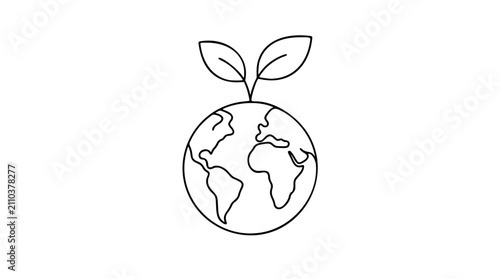 Hand drawn line art vector icon of green planet Earth with growing leaves, environmental awareness symbol illustration, minimalist scalable graphic for eco friendly design projects