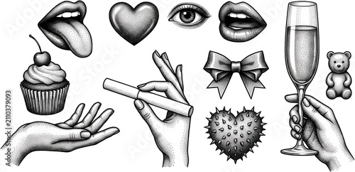 Collection of detailed dotwork style illustrations featuring human hands holding objects female lips stylized heart shapes a cupcake with cherry decorative ribbon bow eye and toy bear