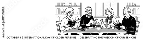 A group of four elderly individuals enjoying a social gathering with books and conversation.