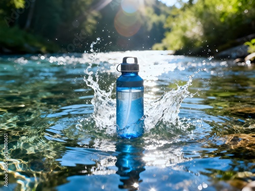 Clear Water Splash with Bottled Drinking Water in Center. Pure Mineral Water, Hydration and Refreshment Concept