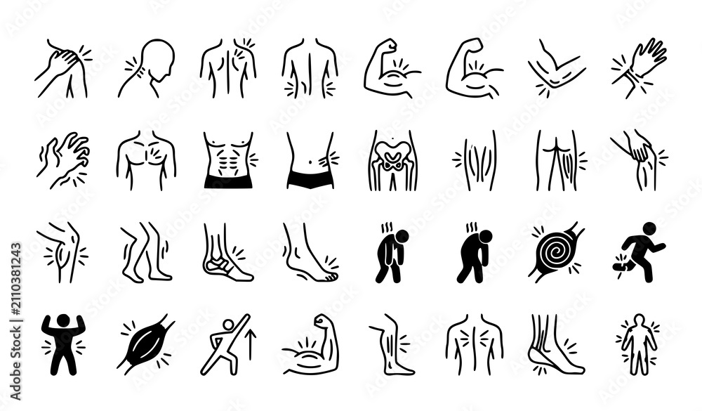 Obraz premium Muscle Pain Ache and Body Cramp Human Anatomy Black Line Icons Set Vector Illustration