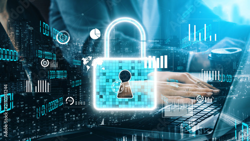 Obraz na płótnie A digital security concept showcasing a padlock symbol amidst a high-tech environment, emphasizing the importance of data privacy and cyber protection in today business landscape