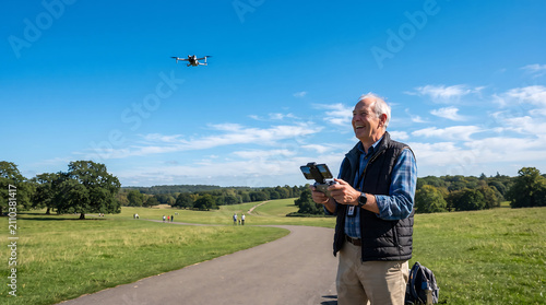 Senior man safely operating compact camera drone in open park banner
