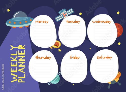 Weekly planner schedule template with cute space outer space illustration