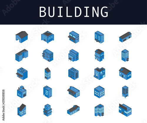 Collection of building skyscraper icons and office building architectural models isolated on white background, Represents urban planning visualization and provides corporate assets