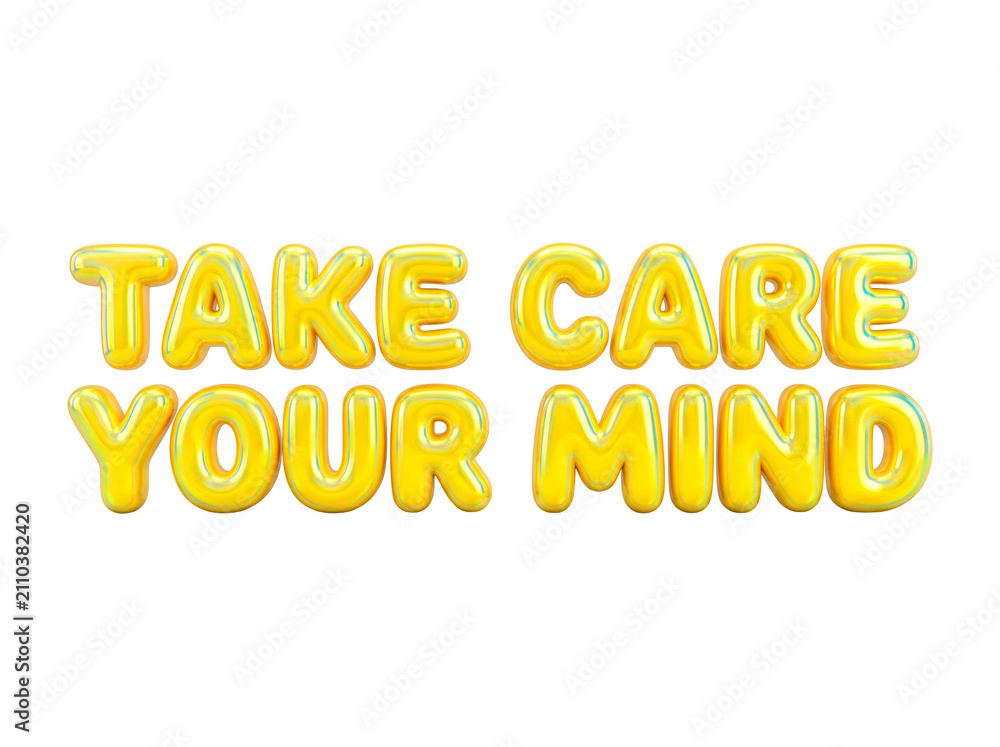 Fototapeta premium Yellow September mental health awareness message Take Care Your Mind in 3D balloon letters PNG Isolated on transparent background