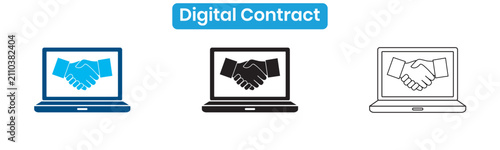 Fotografie Digital contract icon set with laptop and handshake, vector illustration in thre