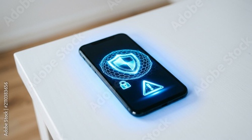 Cyber Security Smartphone Shield Display on White Table, Digital Protection Technology with Glowing Blue Hexagonal Shield Icon, Lock and Warning Triangle, Mobile Data Safety Privacy Concept