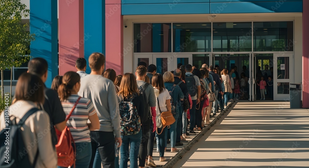 Obraz premium Students queuing outside a modern building entrance