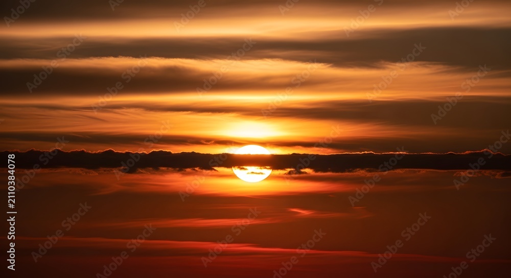 Obraz premium Sun setting behind clouds in orange sky