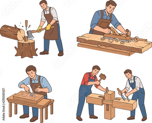 Professional carpenter characters doing woodcraft work, carving, planing, and chopping logs for design projects