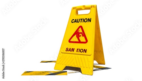 A yellow, triangular, plastic warning sign, labeled 